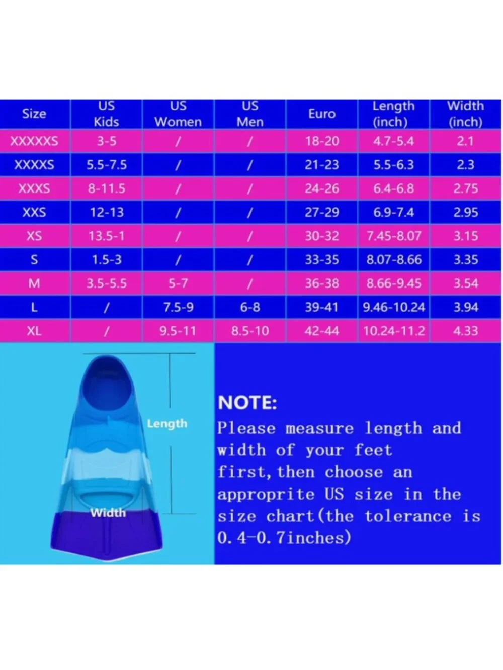 Size XXXXS (US Kids 5.5-7.5) Silicone Swimming Training Fin, non slip - Blue